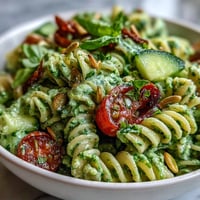 Creamy avocado-basil green goddess dressing coats tender pasta and fresh vegetables in this vibrant pasta salad.  