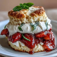 Strawberry Basil Shortcake Biscuits with juicy strawberries and fresh basil, served with whipped cream and a hint of citrus.