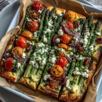 A golden sheet pan frittata filled with colorful spring vegetables and fresh herbs, baked to fluffy perfection for Easter brunch.