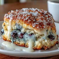 Golden lemon blueberry scones with fresh blueberries and a glossy lemon glaze, perfect for a cozy breakfast or brunch treat.